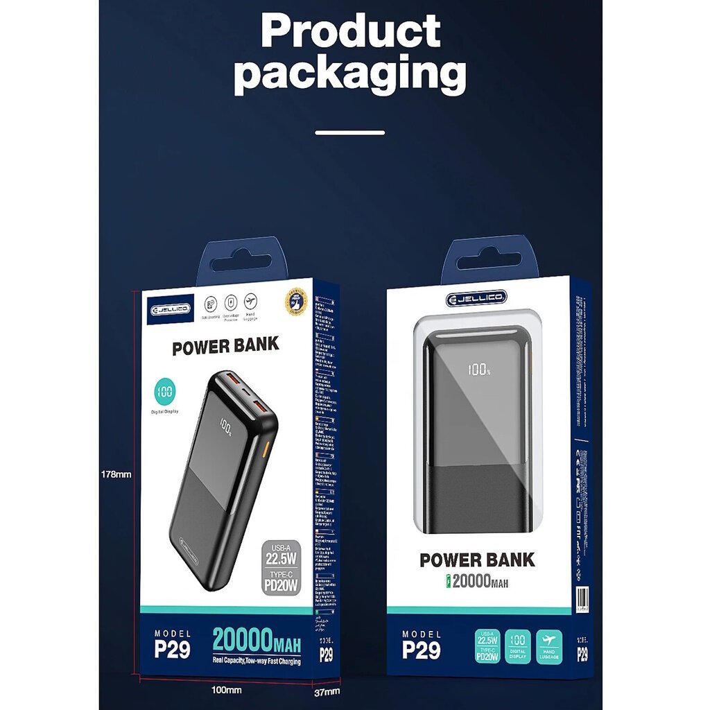 Jellico P29 20000mAh Kiire Power Bank Laudur 2x USB QC 22.5W / PD USB-C 20W Väljund Must hind ja info | Akupangad | kaup24.ee