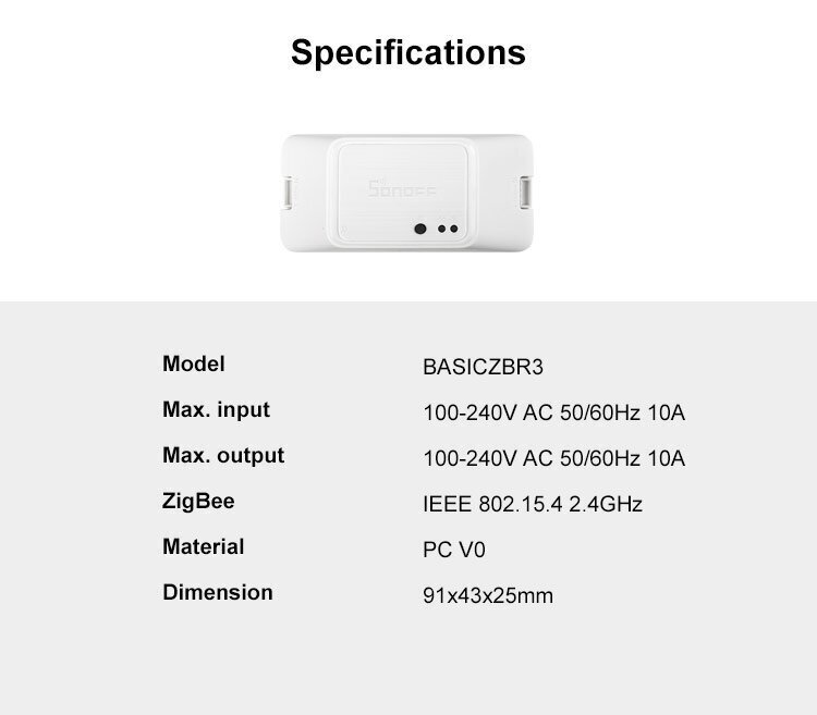 Nutikas lüliti Sonoff BASICZBR3, 2200W, 230VAC, rakenduses juhitav, Wi-Fi, ZigBee, hääljuhtimine, DIY režiim цена и информация | Valvesüsteemid, kontrollerid | kaup24.ee