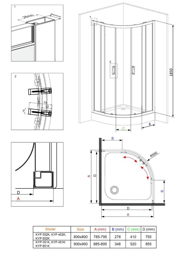 Poolringikujuline dušikabiin Deante Funkia 80x80, 90x90 cm, mat hind ja info | Dušikabiinid | kaup24.ee