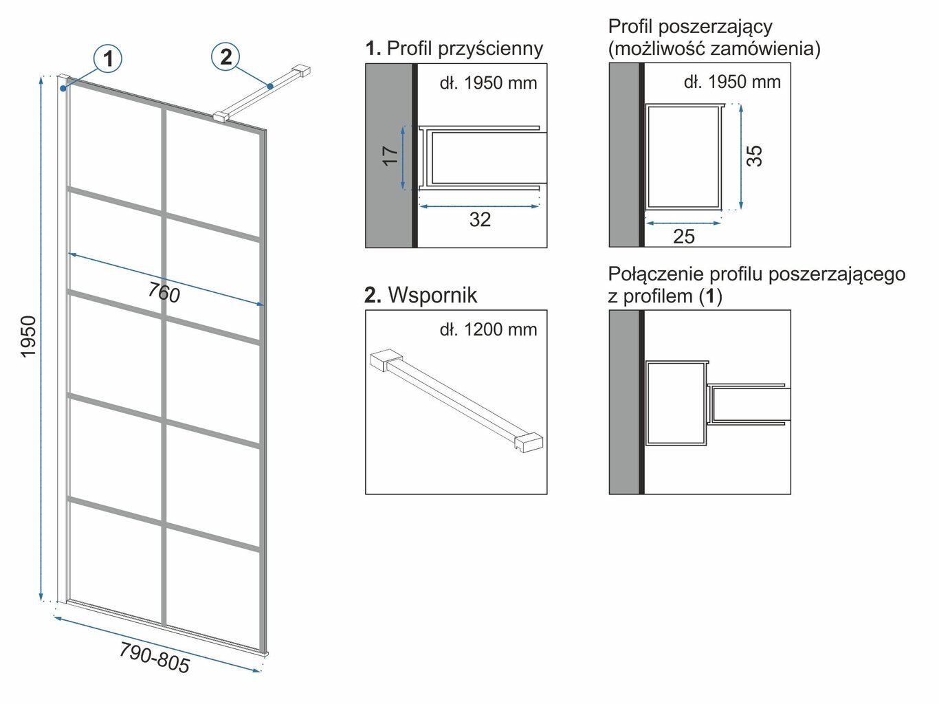 Dušisein Rea Bler I, Black Mat 70, 80, 90, 100, 110, 120x195cm hind ja info | Dušikabiinide uksed ja seinad | kaup24.ee