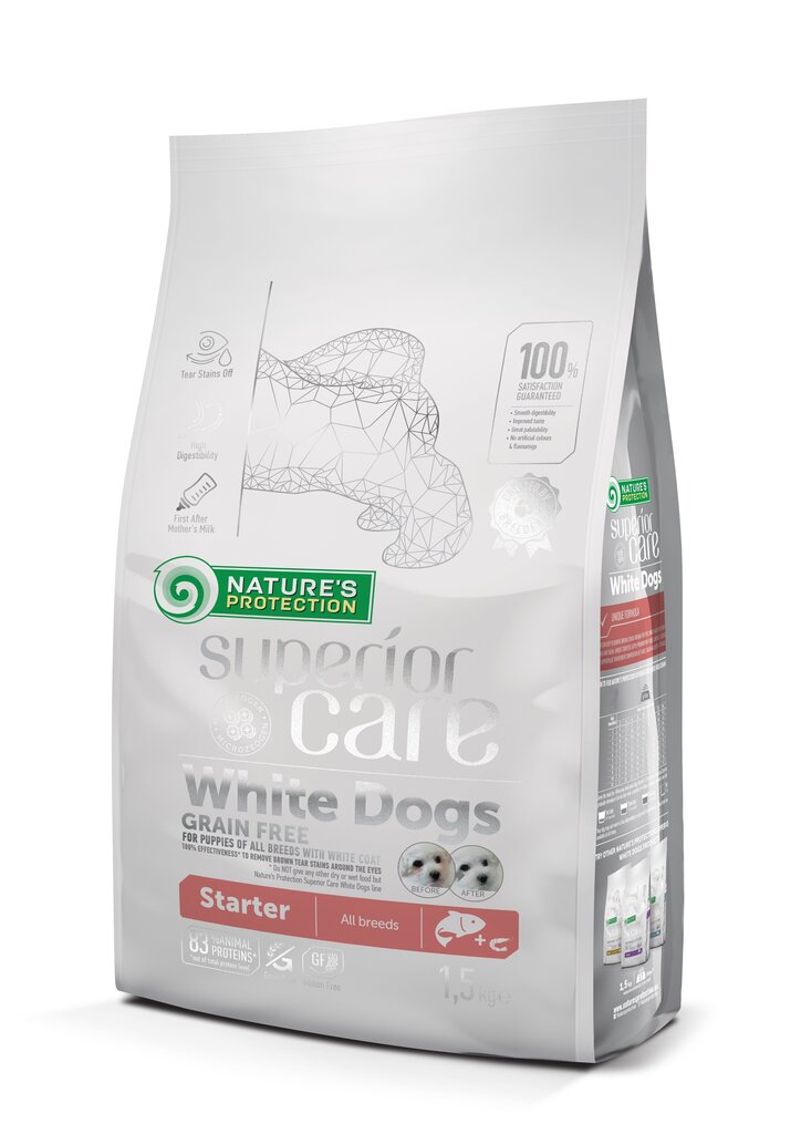 Kuivtoit kõikidele tõugudele valge karvkattega noortele koertele Nature's Protection Superior Care White Dogs Grain Free Salmon Starter All Breeds, 1.5 kg hind ja info | Kuivtoit koertele | kaup24.ee