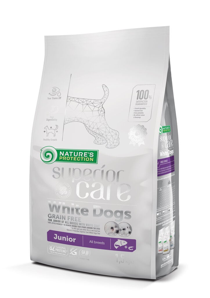 Nature's Protection Superior Care White Dogs Grain Free Salmon Junior All Breeds toit kõiki tõugu noortele kutsikatele, 1.5 kg цена и информация | Kuivtoit koertele | kaup24.ee