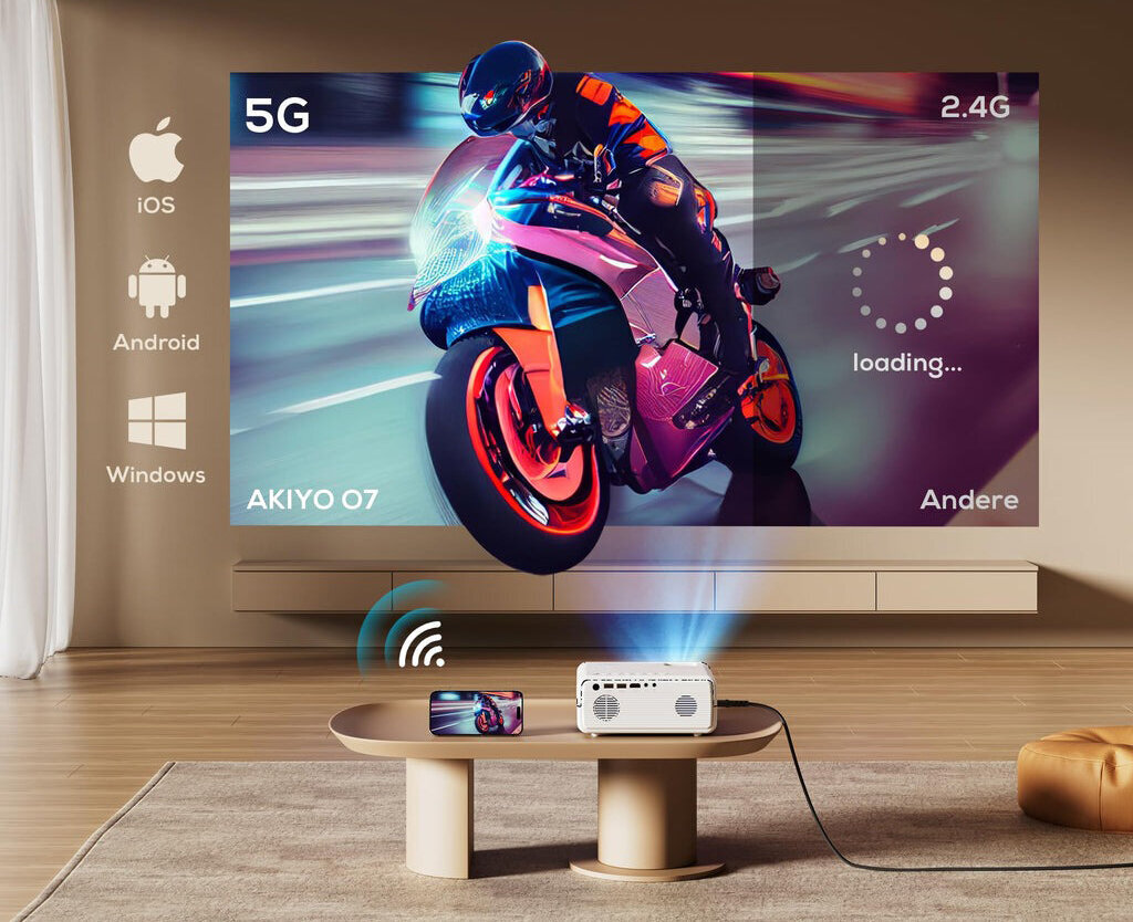 AKIYO projektor, Full HD 1080P, 10000 lm, 5G Wi-Fi Bluetooth, koos statiiviga цена и информация | Projektorid | kaup24.ee