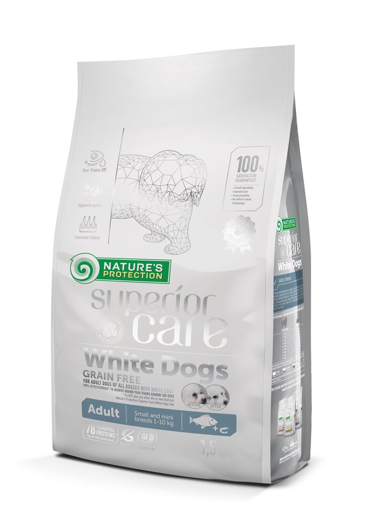 Kuivtoit täiskasvanud väikestele ja väga väikestele tõugudele Nature's Protection Superior Care White Dogs Grain Free White Fish Adult Small and Mini Breeds, 1.5 kg цена и информация | Kuivtoit koertele | kaup24.ee