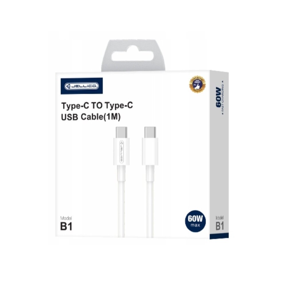 Jellico B1 Vastupidav-Pehme Universaalne USB-C kuni USB-C Andme- ja Kiire PD 60W Laadimiskaabel 1m Valge цена и информация | Mobiiltelefonide kaablid | kaup24.ee