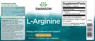 Toidulisand L-arginiiniga Swanson 500 mg, 100 kapslit hind ja info | Vitamiinid, toidulisandid, preparaadid tervise heaoluks | kaup24.ee