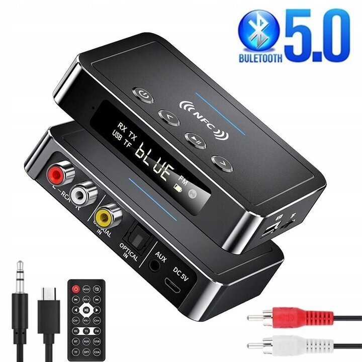 Transmiter Bluetooth audio saatja 5.0, HiFi, auto, Stereo FM , saatja-vastuvõtja, NFC, AUX, Chinch, Jack, FM/TX/RX, must hind ja info | USB jagajad, adapterid | kaup24.ee