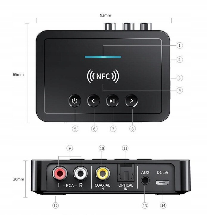 Transmiter Bluetooth audio saatja 5.0, HiFi, auto, Stereo FM , saatja-vastuvõtja, NFC, AUX, Chinch, Jack, FM/TX/RX, must hind ja info | USB jagajad, adapterid | kaup24.ee