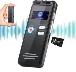 64 GB digitaalne häälaktiveeritud salvesti koos taasesitusega - 4552 tundi helisalvestusseadet, 3072 kpbs HD kahe MIC-magnetofoni seade loengu A-B korduseks, MP3-mängija, parool, 【64 GB TF-kaart kaasas】 hind ja info | Diktofonid | kaup24.ee