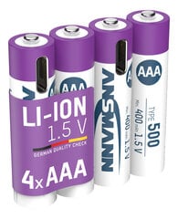 Laetav aku AAA 1,5V 500mAh (Li-Ion 0,74Wh), USB-C tippväljundvõimsusega DC 1,5V 1A (4tk pakendis) ANSMANN цена и информация | Батарейки | kaup24.ee