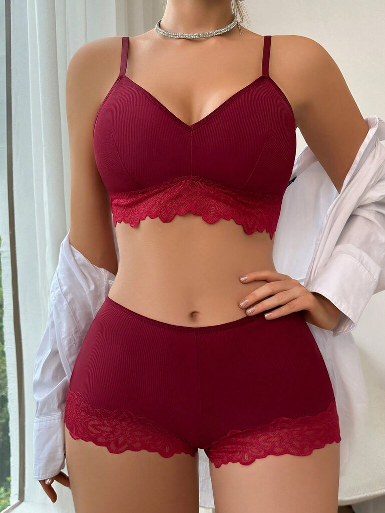 Contrast Lace Bra & Panty Set Pesukomplekt·Burgundy·S hind ja info | Rinnahoidjad | kaup24.ee