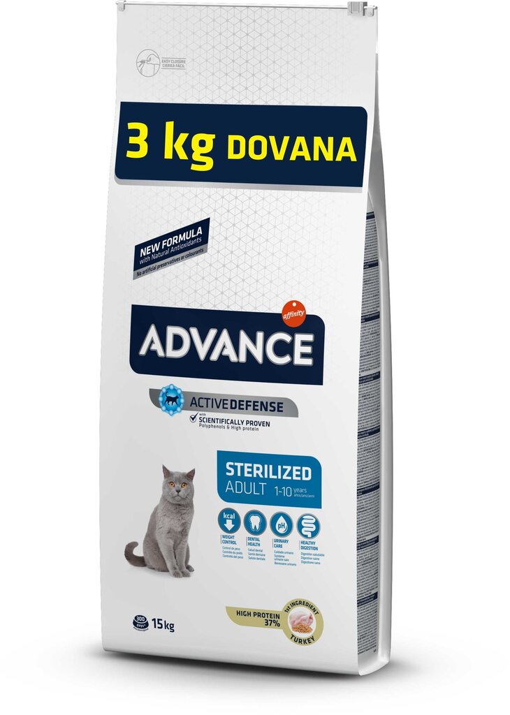 12 + 3 kg kingitusega Advance "Adult sterilized" steriliseeritud kassidele hind ja info | Kuivtoit kassidele | kaup24.ee