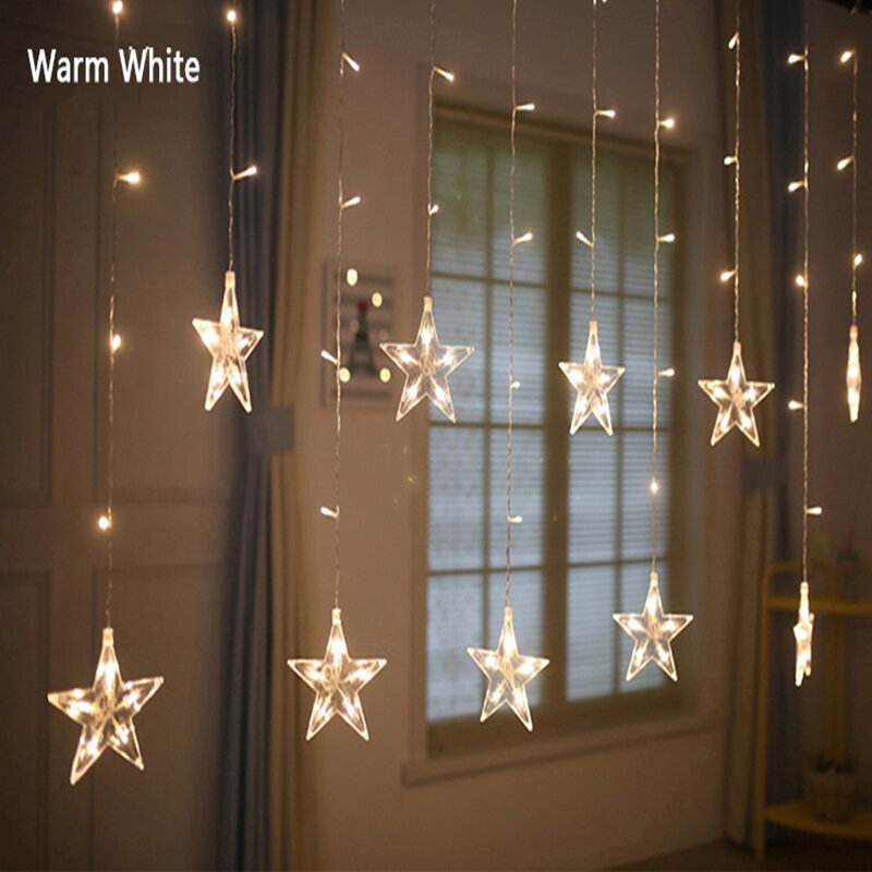 (220 V EU PlugWarm White E) Star Christmas Led kardin Garland Fairy String Lights Outdoor 220 V EU Peopuhkuseks 2024 Uusaasta kaunistus Navidadi kingitus hind ja info | Jõulukaunistused | kaup24.ee