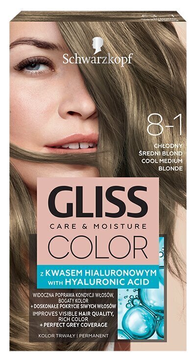 Juuksevärv Schwarzkopf Gliss Color 8-1 Cool Medium Blonde hind ja info | Juuksevärvid | kaup24.ee