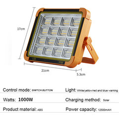 (A-1000W) 12500mAH USB-laetav päikeseenergiaga välisvalgusti 1000W LED matka päikesevalgustid magnetiga kaasaskantav veekindel telklamp 4 režiimis цена и информация | Гирлянды | kaup24.ee