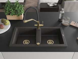 Гранитная кухонная мойка Mexen Mario со смесителем и сифоном, Black granite+Black/Gold цена и информация | Раковины на кухню | kaup24.ee