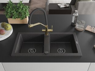 Гранитная кухонная мойка Mexen Mario со смесителем и сифоном, Black granite+Black/Gold цена и информация | Раковины на кухню | kaup24.ee