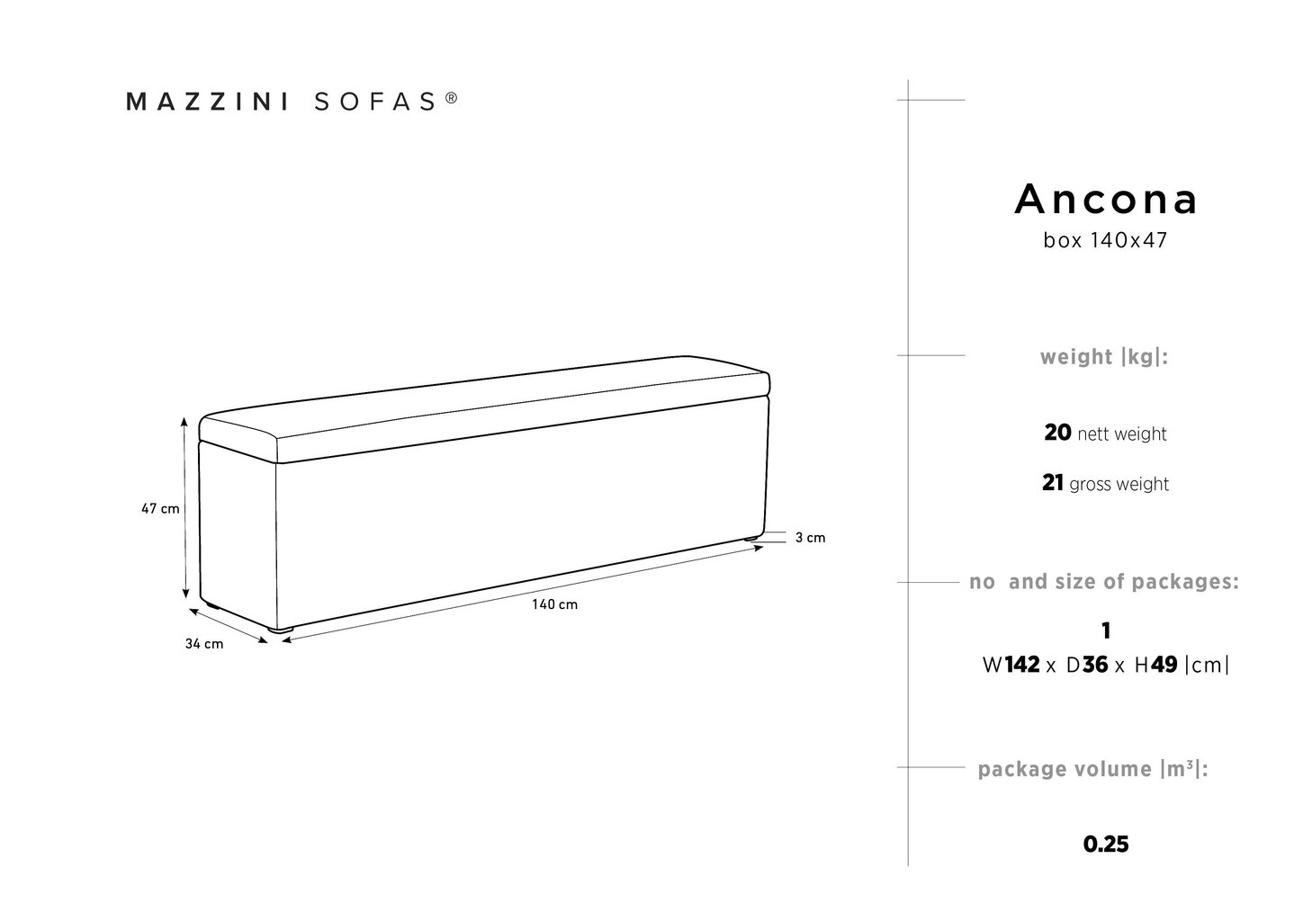 Tumba koos hoiukastiga Mazzini Sofas Ancona 140, lilla цена и информация | Kott-toolid, tumbad, järid | kaup24.ee