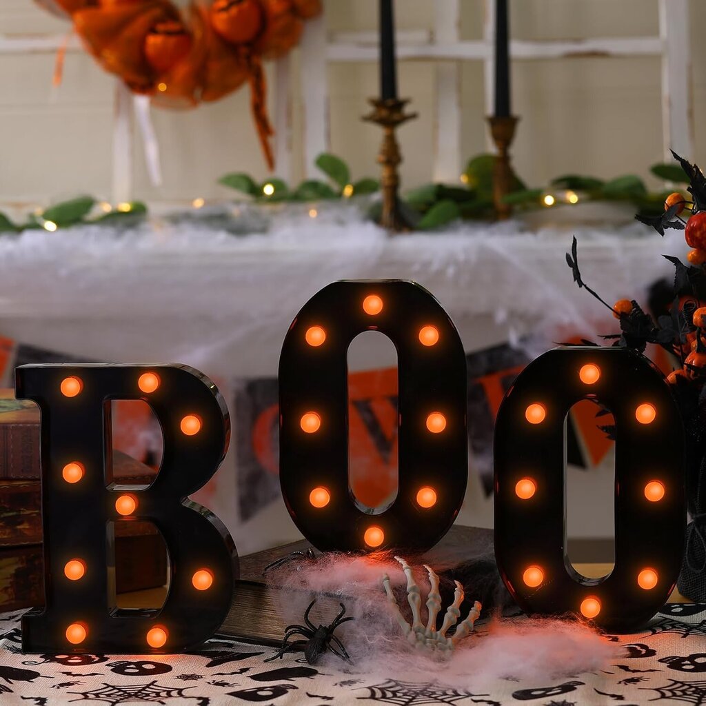 Halloweeni kaunistused – 3 LED-i valgustusega tähte "BOO" - Halloweeni kaunistus köögilauale, kaminale, sisepeole цена и информация | Jõulukaunistused | kaup24.ee