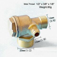 Õhukompressori tagasilöögiklapp, 1/2" x 3/8" x 1/8" isane messingklapp koos keermestatud kinnitusega suruõhupaagi ja kompressori kolbpumba jaoks цена и информация | Поддоны и аксессуары | kaup24.ee