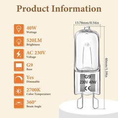 15 tk G9 halogeenahjupirn, kuumuskindel 300°C Sobib ahjupirnile, mikrolaineahjule, 25W hind ja info | LED ribad | kaup24.ee