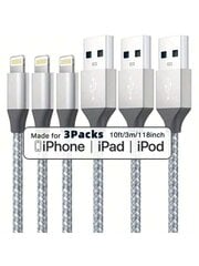 pakk/3 pakki 1M/2M/3M pikk laadijakaabel, mis ühildub iPhone'iga, USB-A ja 8-kontaktilise kiirlaadimisjuhtmega nailonist punutud andmeside sünkroonimisjuhe, mis ühildub iPhone'iga 14/13/12/11 Pro Max XR XS X/8 /7/6s Plus 5s SE, ühildub IPadiga, iPodi jaok цена и информация | Кабели и провода | kaup24.ee