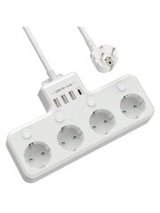 HITRENDS 1-osaline Euroopa pistikupesa mitmekontaktiline pistikupesa 3 USB ja 1 C-tüüpi laadimispordi toiteadapteriga, 2-meetrine pikenduskaabel, sõltumatu LED-ekraani juhtlüliti liigpingekaitse, 4000 W 16A 250 V, valge, sobib kasutamiseks kodus, kontoris hind ja info | Kaablid ja juhtmed | kaup24.ee