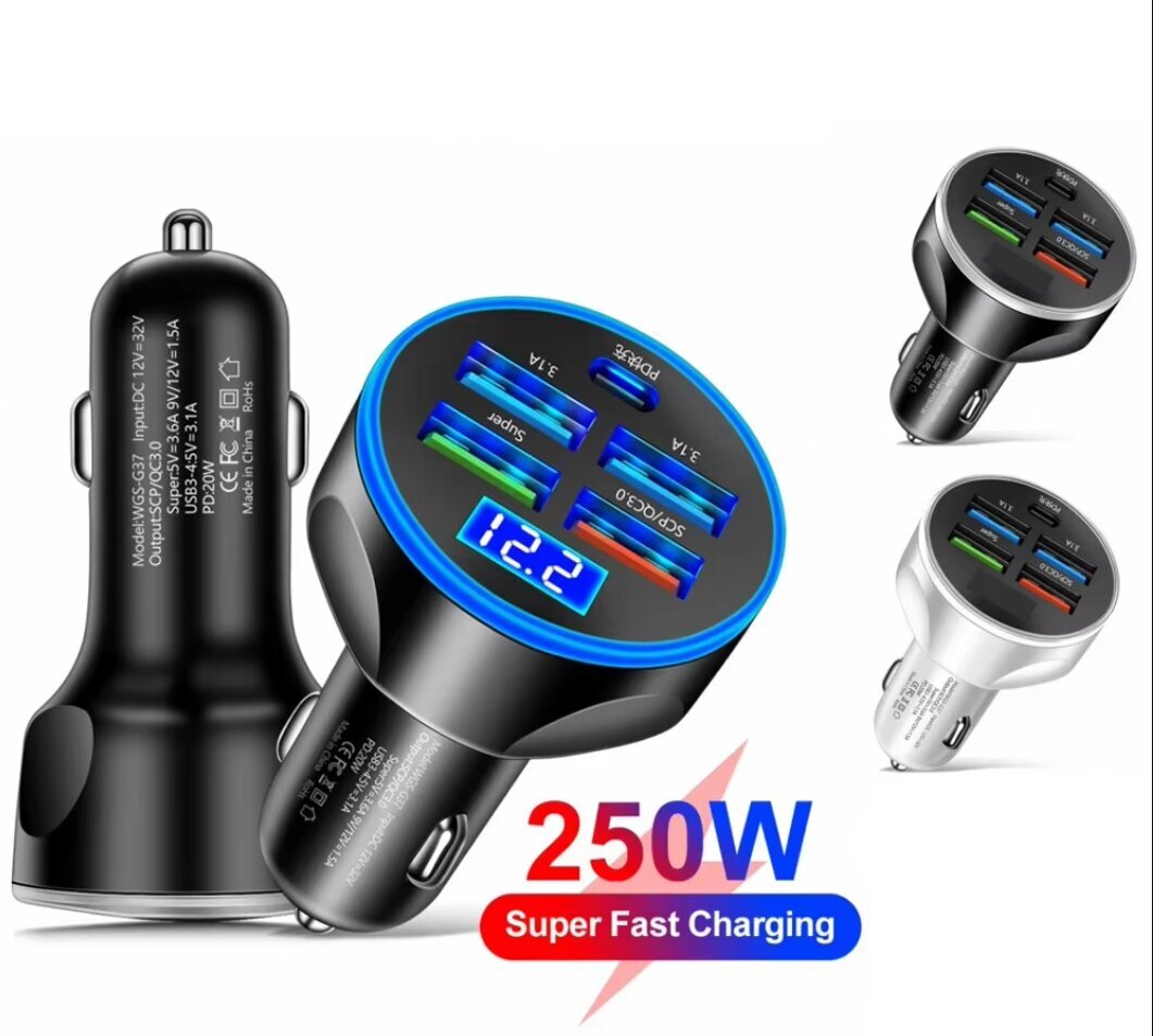 250W PD autolaadija 5 pordi kiire laadimine PD QC 3.0 USB C auto kiirlaadija tüüp-C adapter auto jaoks iPhone Samsung Xiaomi цена и информация | Elektriautode laadimisjaamad | kaup24.ee