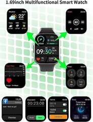 Умные часы Мужчины Женщины, 1,69-дюймовый HD-экран Фитнес-трекер Часы IP68 Водонепроницаемые фитнес-часы с пульсометром Монитор сна Spo2 Шагомер Калории, Спорт цена и информация | Смарт-часы (smartwatch) | kaup24.ee