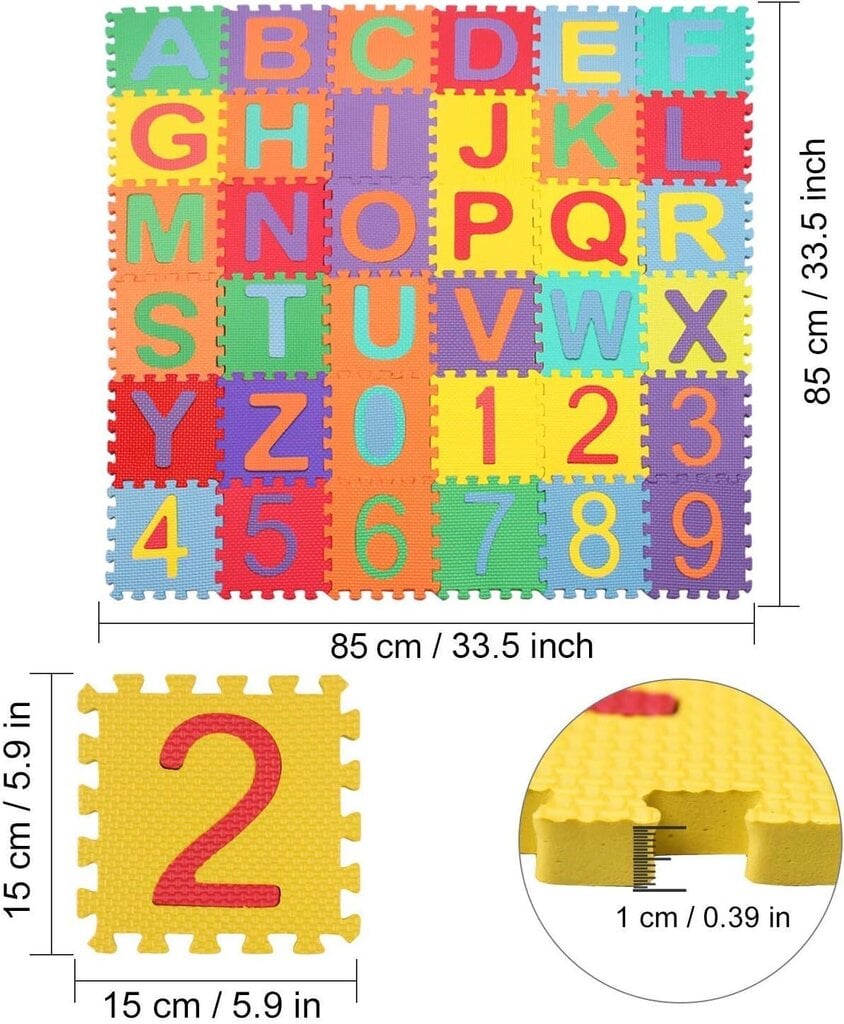 Baby Foam puslematt, 36-osalised matid 15 cm x 15 cm, vastupidav mängumatt lastele, tähestikud ja numbrid hind ja info | Vaibad | kaup24.ee