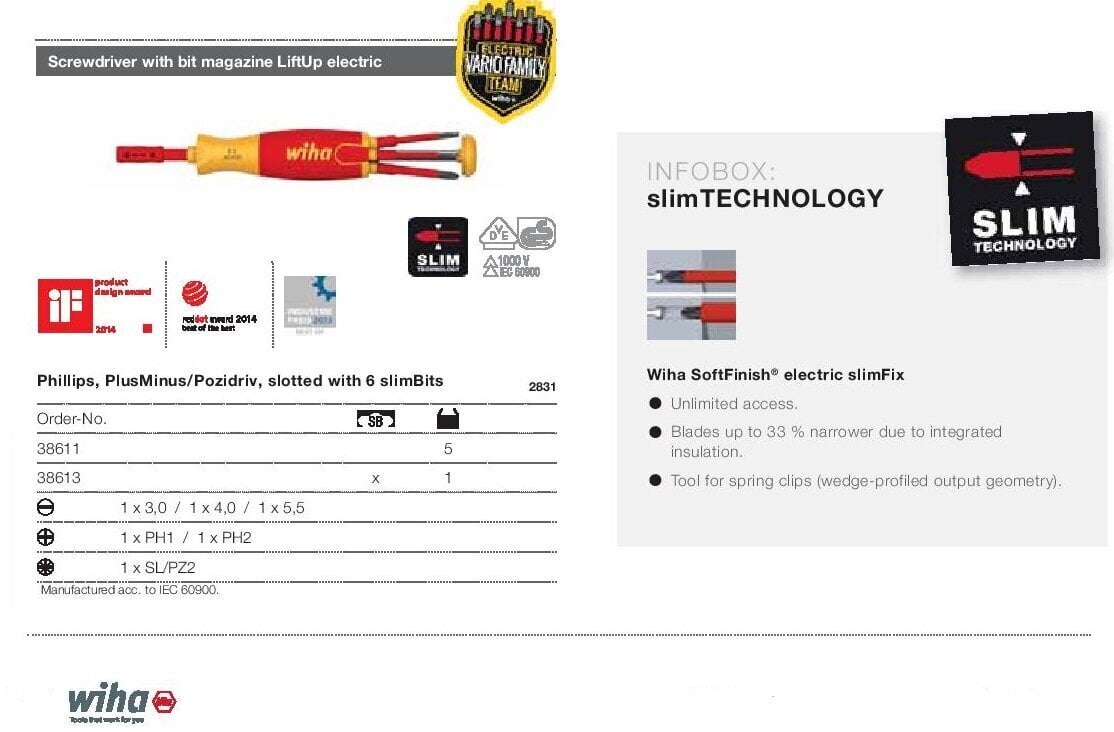 Elektriku kruvikeeraja õhukese käepidemega WIHA LiftUp slimBits (6 tk) цена и информация | Käsitööriistad | kaup24.ee