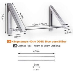 Настенная сушилка для белья, складная настенная сушилка с перекладиной 40 см, с крючком цена и информация | Аксессуары для ванной комнаты | kaup24.ee