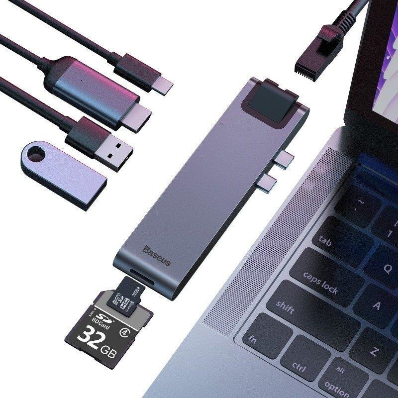 7 ühes dokkimisjaam Baseus CAHUB-L0G, MacBook / hdmi / 2 x usb 3.0 / usb-c / rj45 / sd / micro sd Thunderbolt C + jaoks цена и информация | USB jagajad, adapterid | kaup24.ee