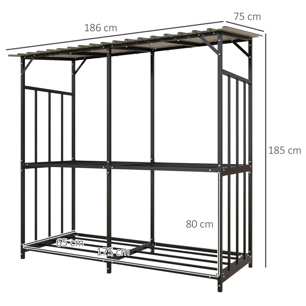 Outsunny väljas küttepuude hoidik, puuhoidik 1,17 m³ küttepuude hoidik koos kattega, kandevõime 100kg, teras, 186 x 75 x 185cm, must цена и информация | Kaminad | kaup24.ee