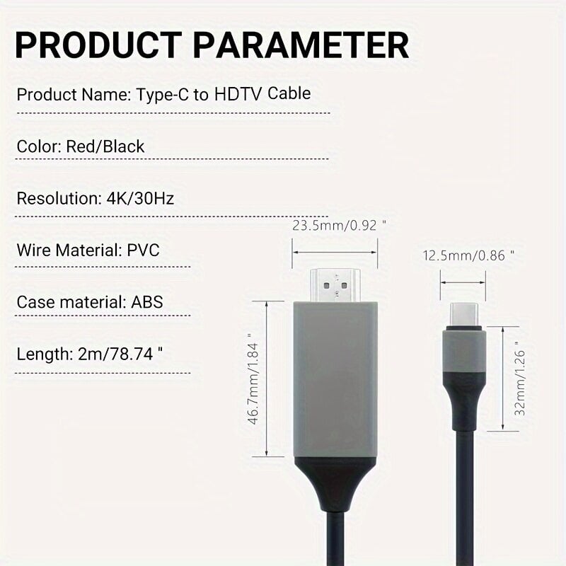 '4K 30Hz 2m USB-C HDMI kaabel, Vastupidav Hall PVC' hind ja info | Kaablid ja juhtmed | kaup24.ee