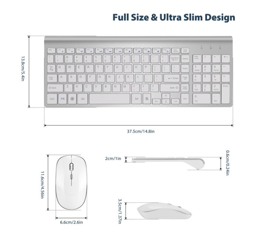 Juhtmeta klaviatuuri ja hiire kombinatsioon, kompaktne täissuuruses juhtmevaba klaviatuuri hiirekomplekt, 2,4G üliõhuke stiilne disain Windowsi jaoks, arvuti, lauaarvuti, arvuti, sülearvuti – (hall) valge цена и информация | Lisatarvikud korpustele | kaup24.ee