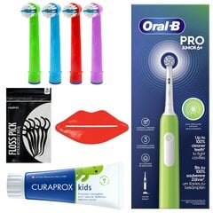 Oral-B Pro Junior 6+ roheline hambahari + laste pehme harja EB-10A Color x4 vahetusotsikut + CURAPROX Kids Mint hambapasta 1450ppm hind ja info | Elektrilised hambaharjad | kaup24.ee