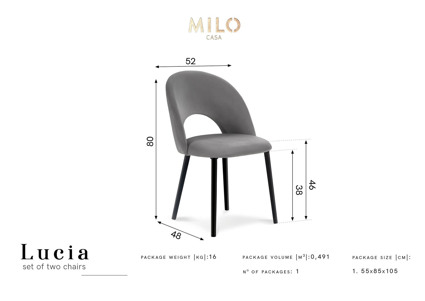 2-tooli komplekt Milo Casa Lucia, helehall hind ja info | Söögilaua toolid, köögitoolid | kaup24.ee