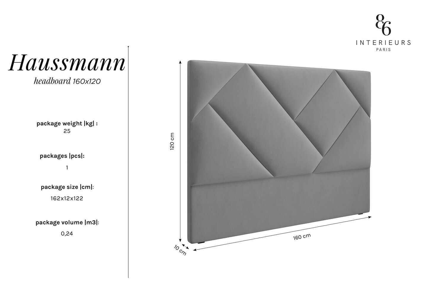 Voodipeats Interieurs86 Haussmann 160 cm, hall hind ja info | Voodid | kaup24.ee