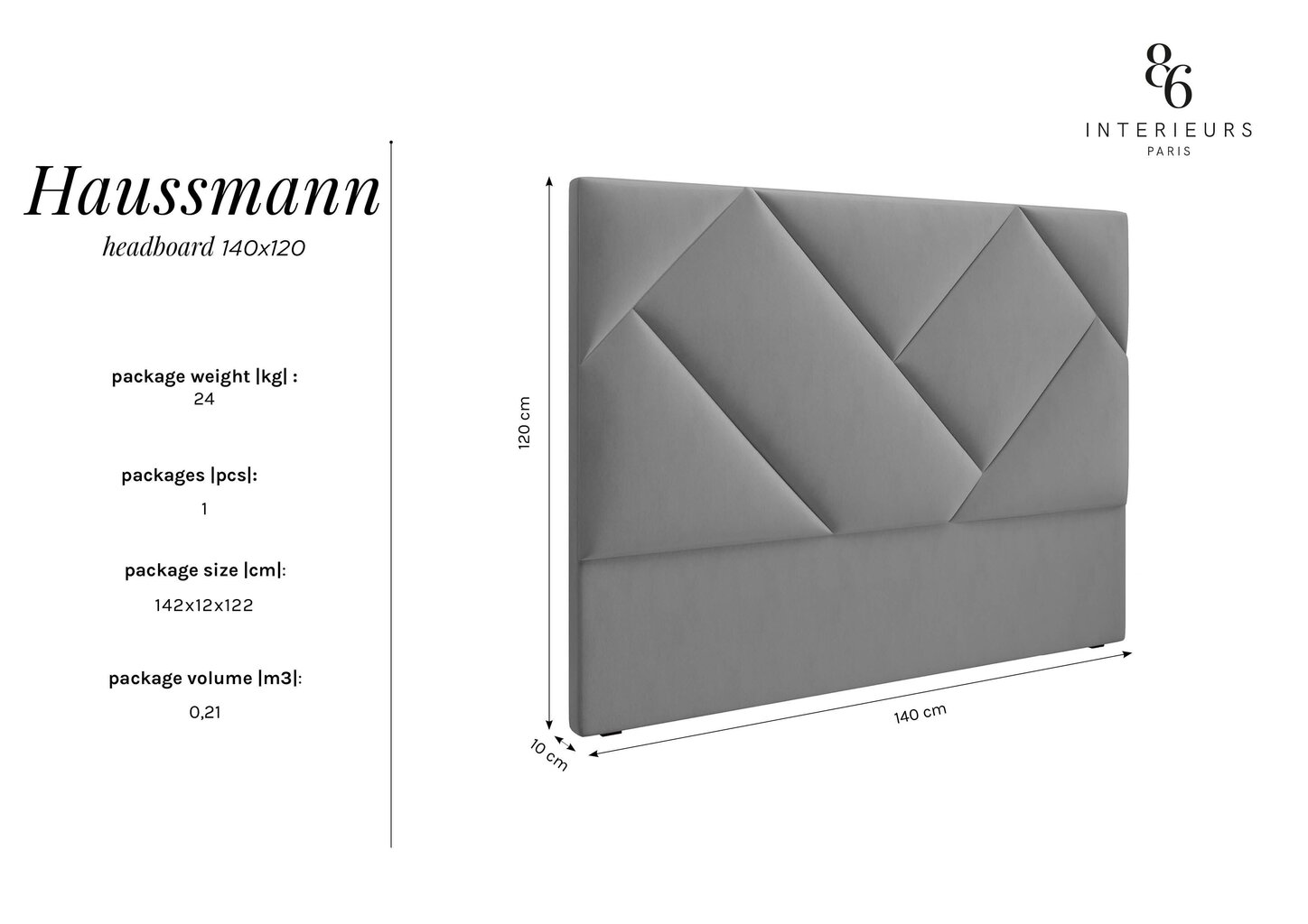 Voodipeats Interieurs86 Haussmann 140 cm, helesinine hind ja info | Voodid | kaup24.ee