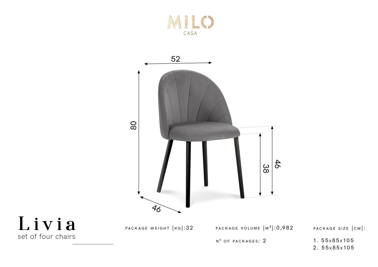 4-tooli komplekt Milo Casa Livia, helehall цена и информация | Söögitoolid, baaritoolid | kaup24.ee