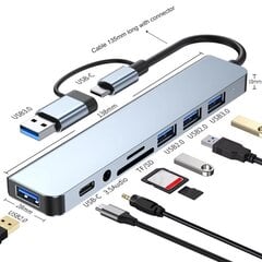 USB-jaotur Hub 8in1 USB-C/USB-3/USB-2/AUX/Micro SD/TF hind ja info | USB jagajad, adapterid | kaup24.ee