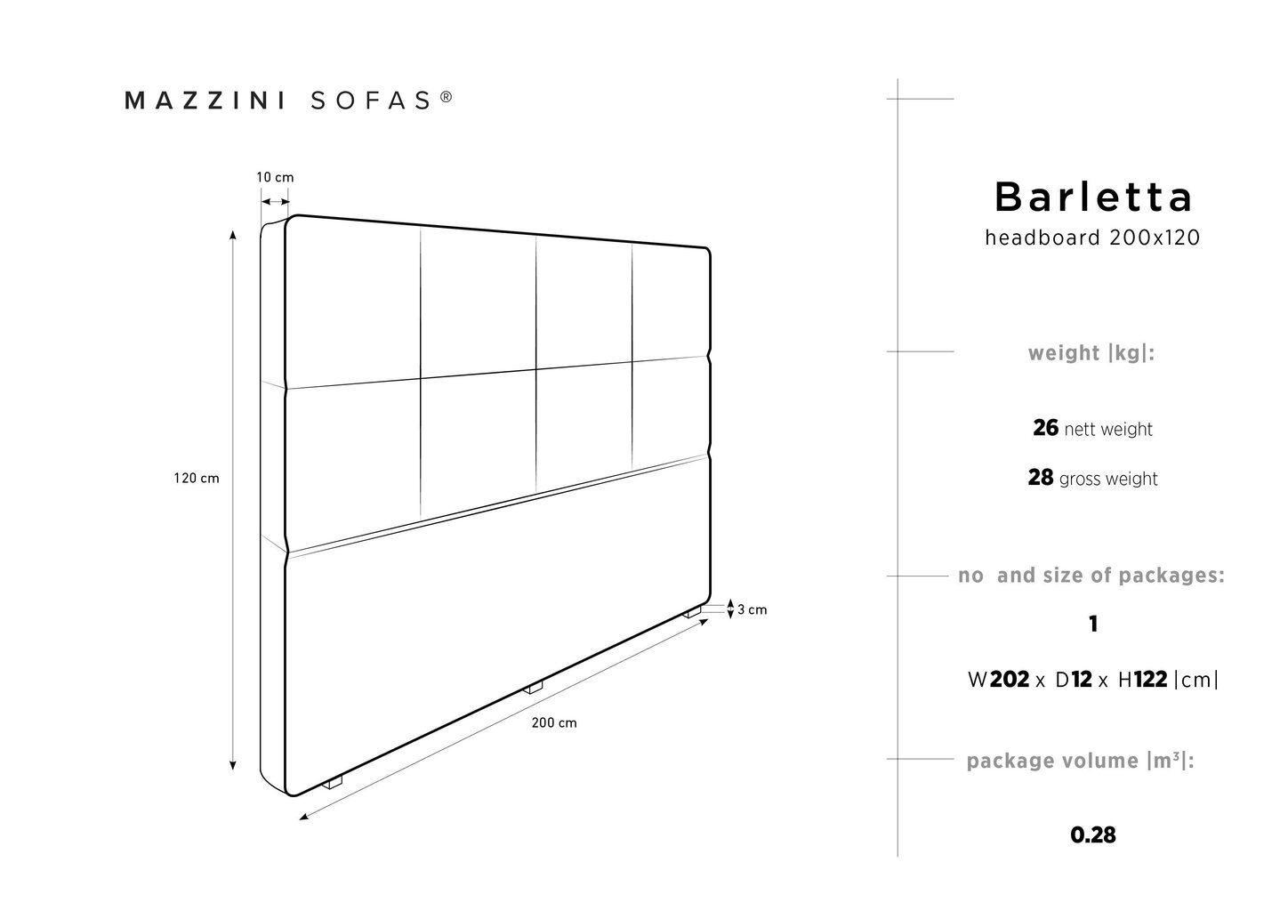 Voodipeats Mazzini Sofas Barletta 200 cm, must hind ja info | Voodid | kaup24.ee