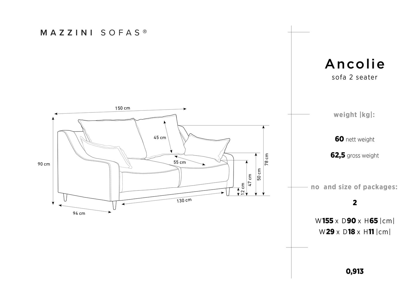 Kahekohaline diivan Mazzini Sofas Ancolie, helepruun цена и информация | Diivanid ja diivanvoodid | kaup24.ee