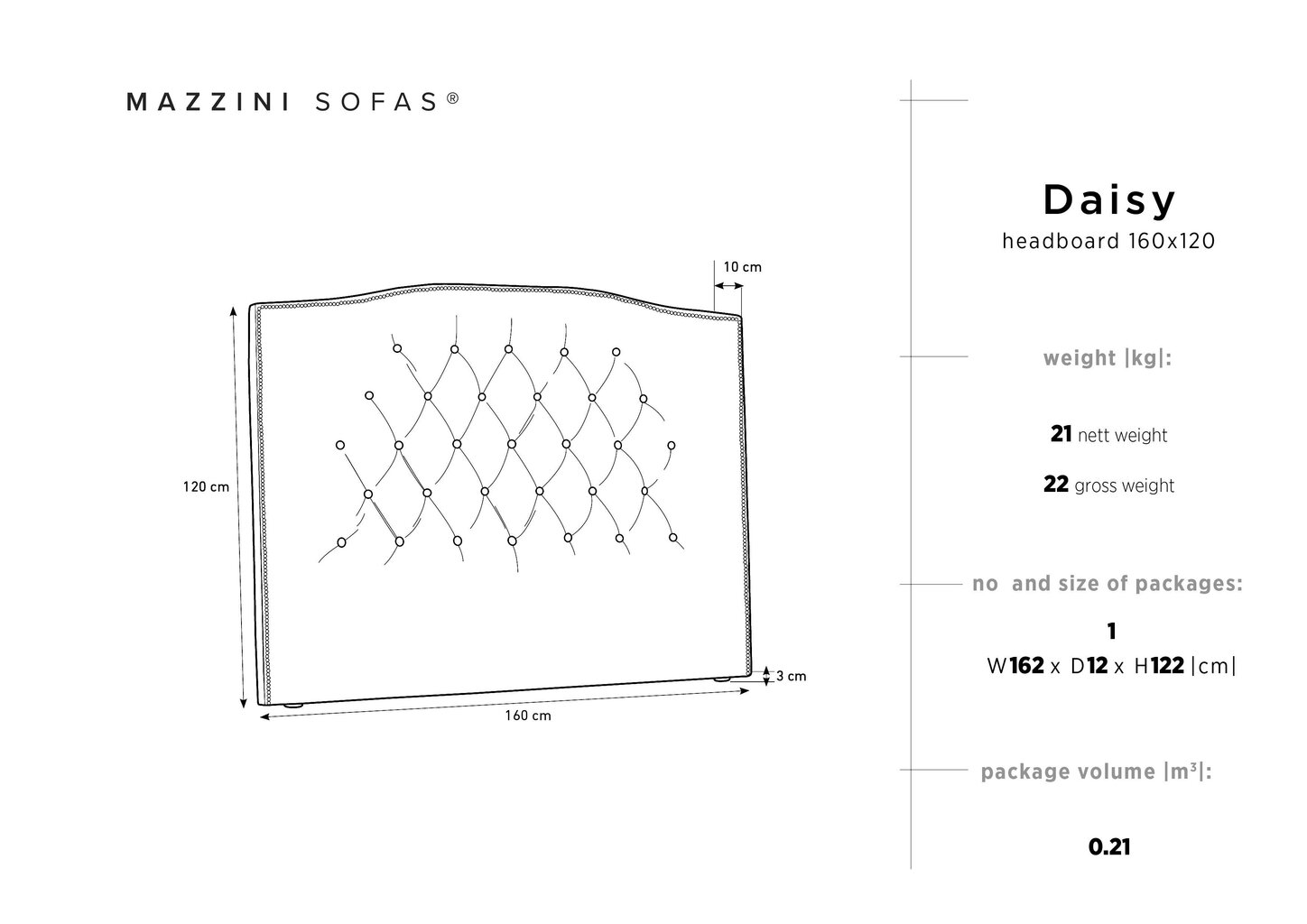 Voodipeats Mazzini Sofas Daisy 160cm, sinine hind ja info | Voodid | kaup24.ee