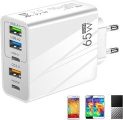 Зарядное устройство USB мощностью 65 Вт с 5 портами: 2 USB-C + 3 USB-A | Quick Charge-QC 3.0, белое цена и информация | Зарядные устройства для телефонов | kaup24.ee