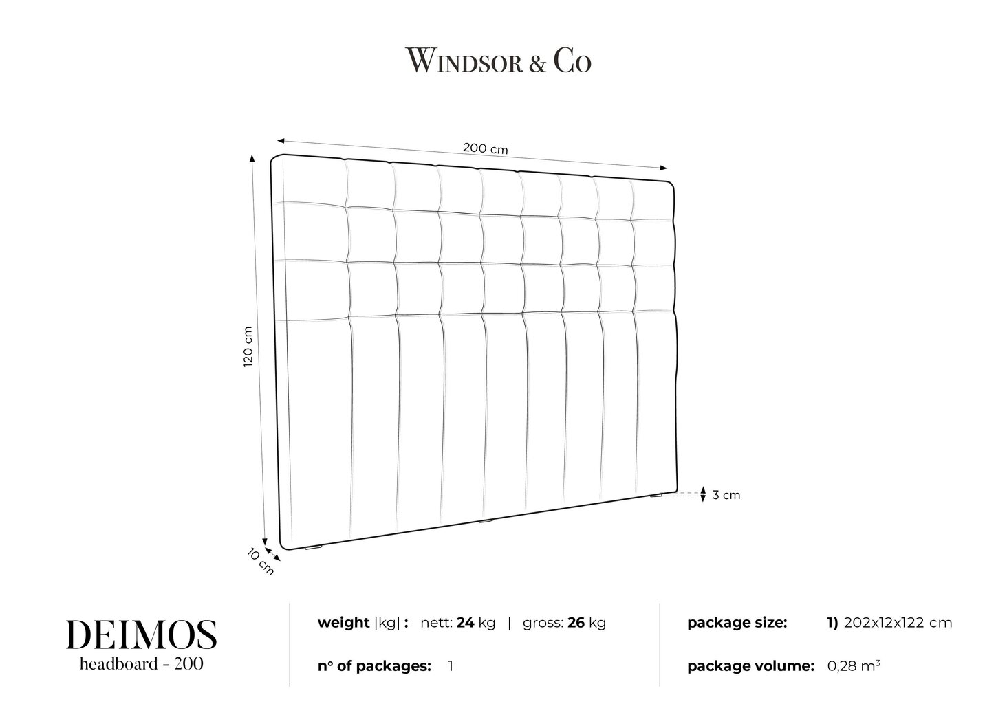 Voodipeats Windsor and Co Deimos 200 cm, must hind ja info | Voodid | kaup24.ee