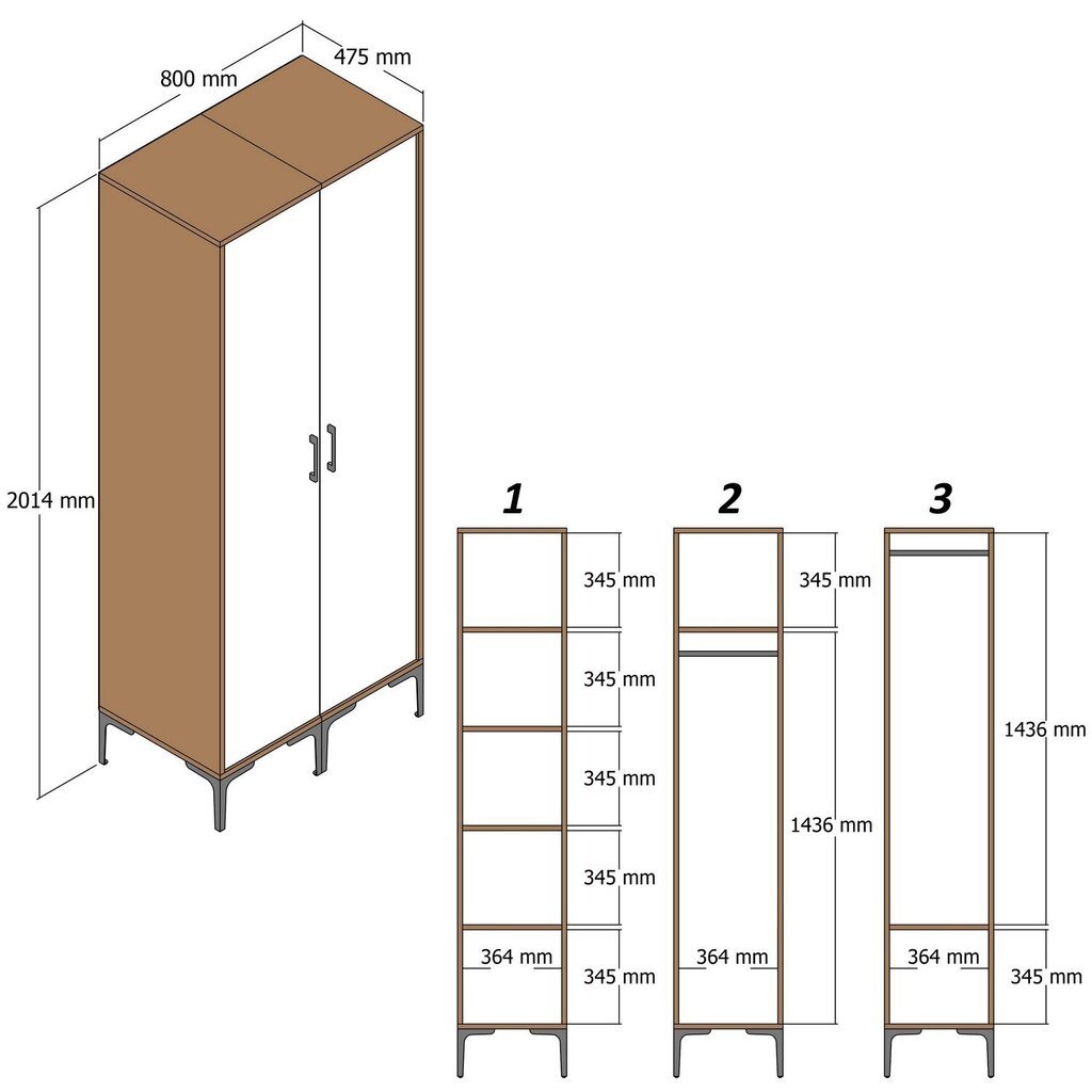 Riidekapp Asir Kumsal RS, pruun/hall hind ja info | Kapid | kaup24.ee