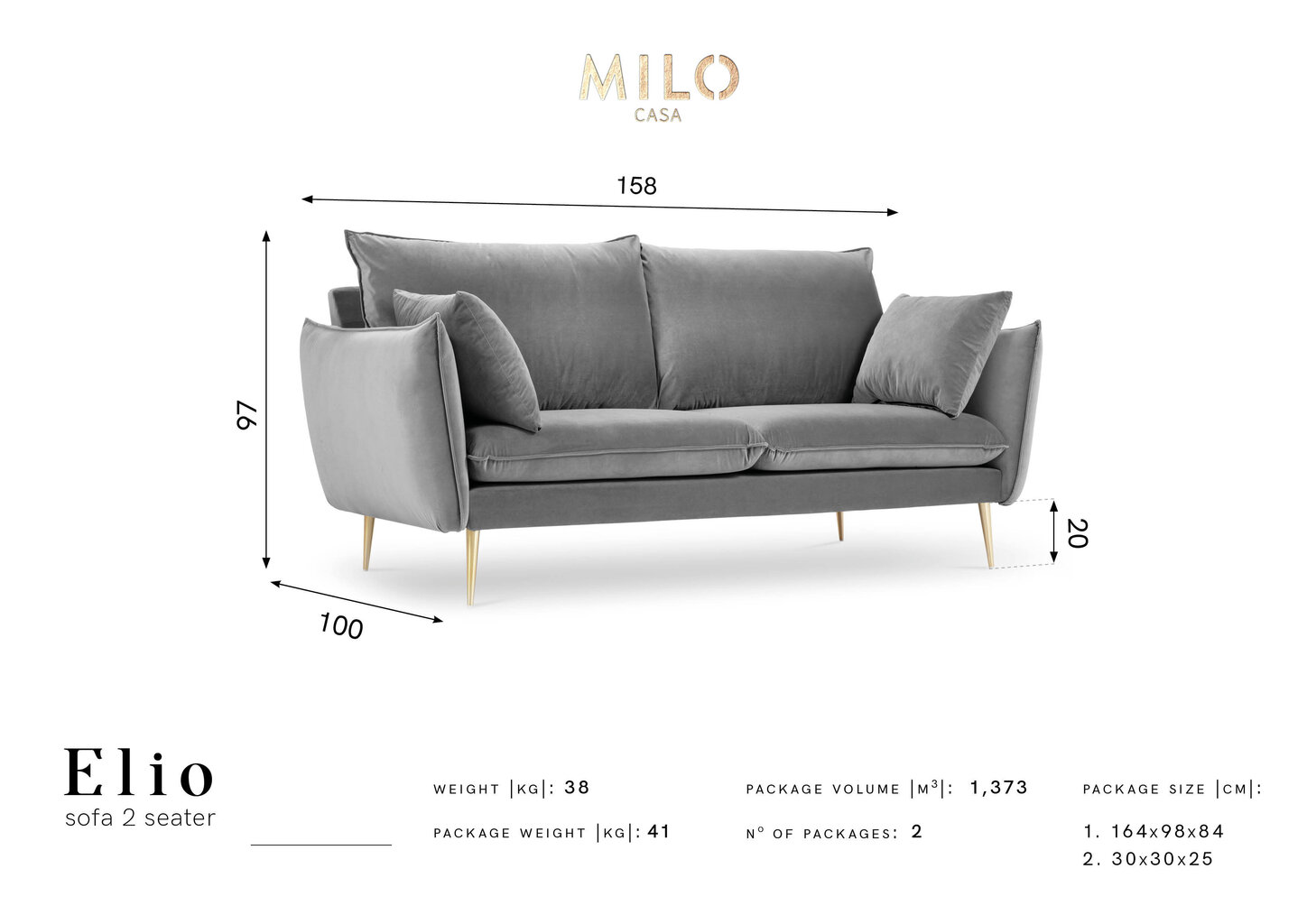 Kahekohaline sametdiivan Milo Casa Elio, helehall/kuldne hind ja info | Diivanid ja diivanvoodid | kaup24.ee