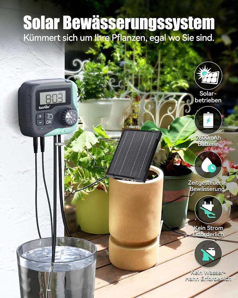 RAINPOINT Automaatne päikesekastmissüsteem 45 l/h programmeeritava taimeriga, 2600 mAh aku, kuni 15 potitaimele aias, rõdul ja kasvuhoones цена и информация | Kastekannud, voolikud, niisutus | kaup24.ee